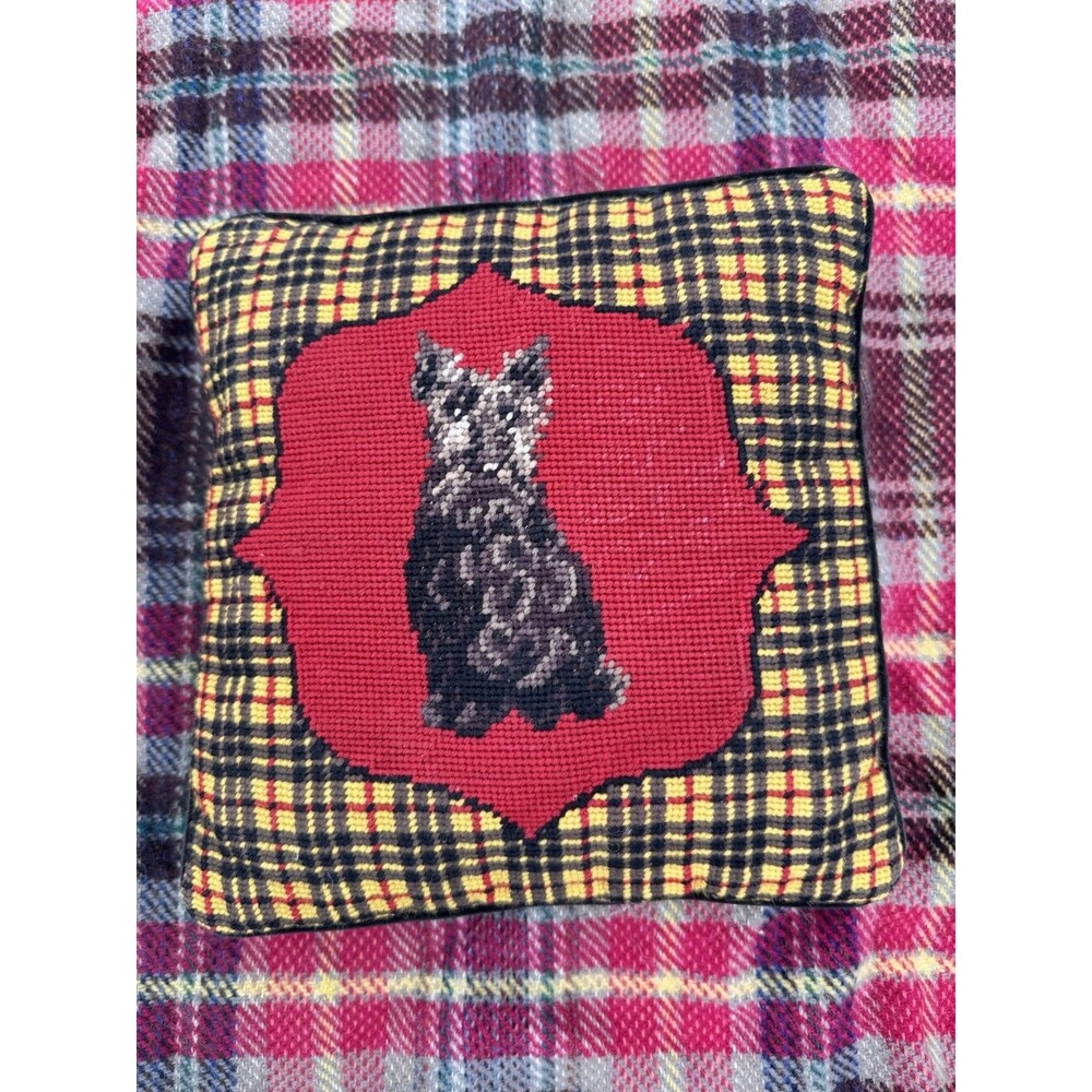 VTG Handstitched Needlepoint Plaid Schnauzer Dog Pillow Wool Velvet back 9x9